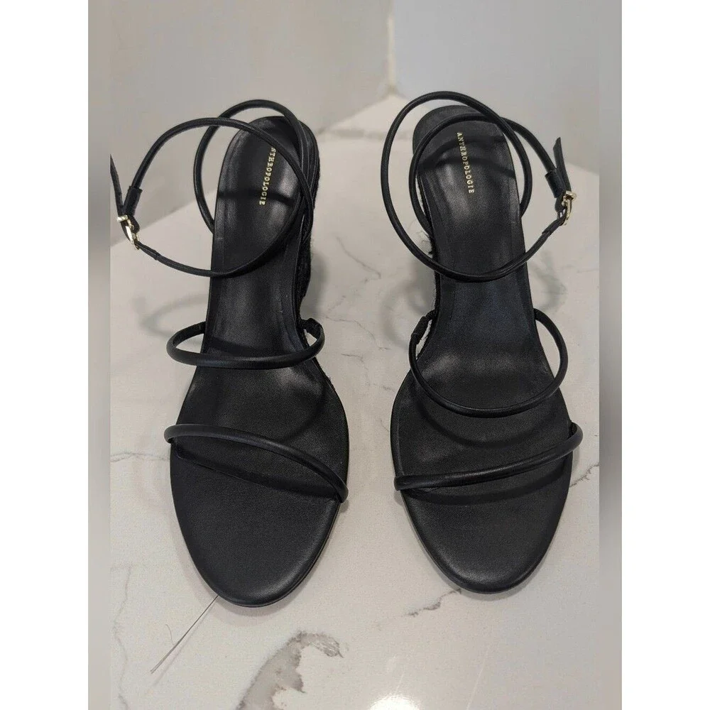 Anthropologie Strappy Black Textured Wedge Heels Size 11 Adjustable Buckle Sexy